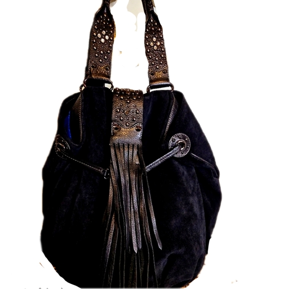 G SERIES Blk Suede Rhinestone Emb. Tassel Fringe Handbag-EUC - Picture 1 of 8